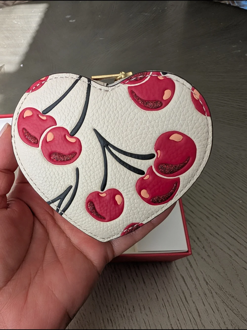 Coach White Cherry Heart Coin Pouch with Keychain